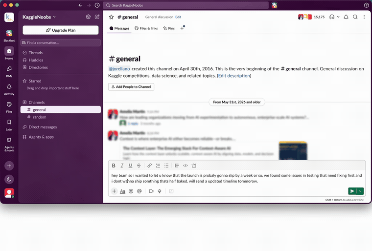 The Slack message composer holding a rushed line about a launch slipping. It is selected, Option-R is pressed, and Everest's floating panel streams a corrected version that replaces the message in place. A second message is then rewritten with Option-Shift-R, which opens a list of styles, and pressing 2 picks Professional.