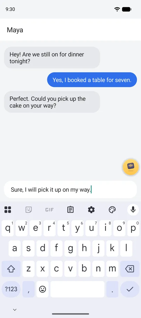 The reply typed into the message box: Sure, I will pick it up on my way.