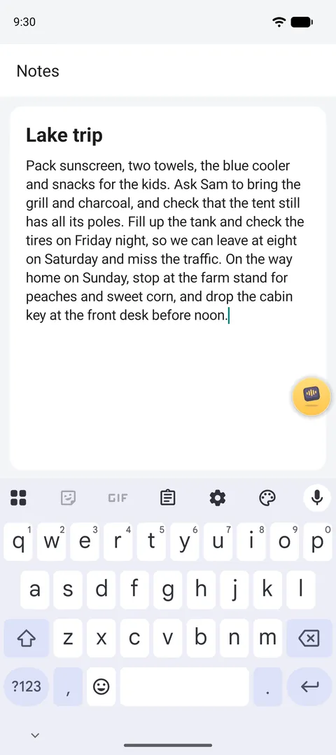 A long note about a lake trip, typed by voice in a notes app