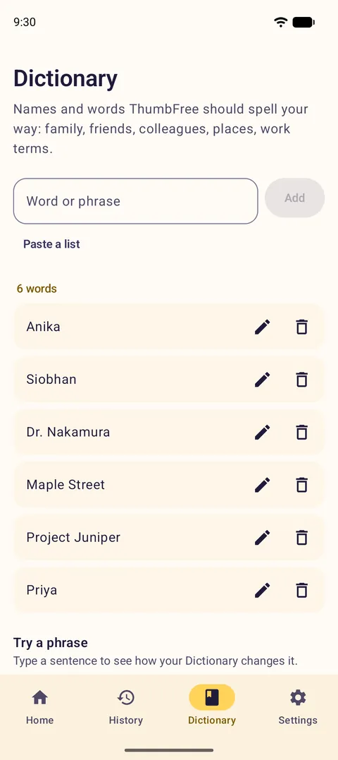 The Dictionary tab with names such as Anika, Siobhan and Dr. Nakamura
