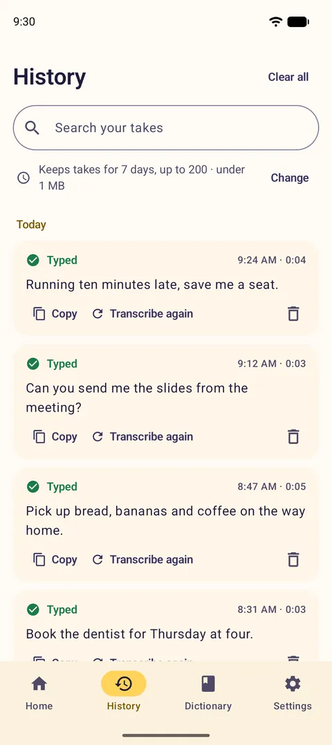 The History tab: each take with its text, marked Typed, with Copy and Transcribe again
