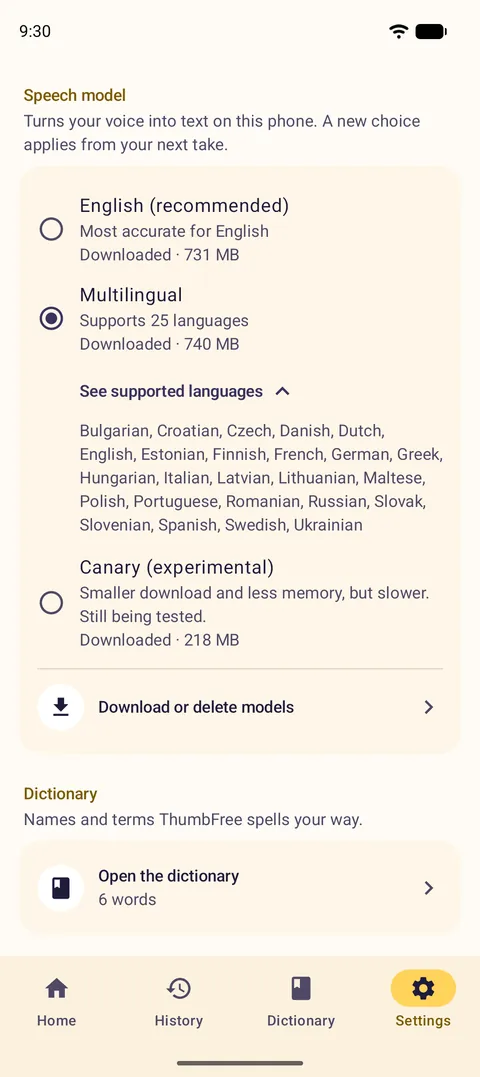 Speech model settings: English, recommended, and Multilingual with its 25 languages