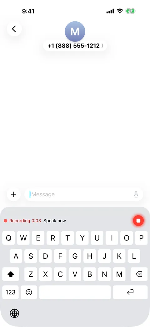 A chat on iPhone with the ThumbFree keyboard recording: Recording 0:03, Speak now
