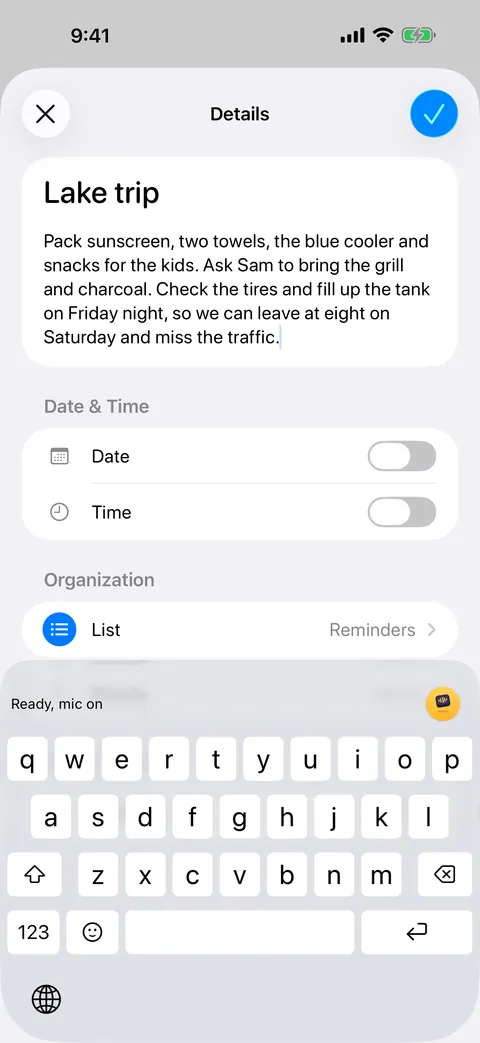A long reminder about a lake trip, typed by voice