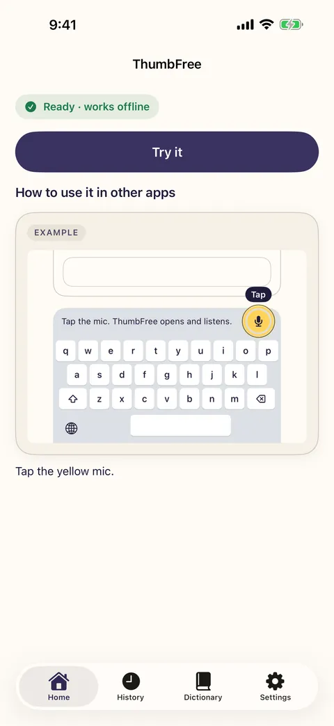 ThumbFree's Home, marked Ready, works offline, with a Try it button and how to use it in other apps