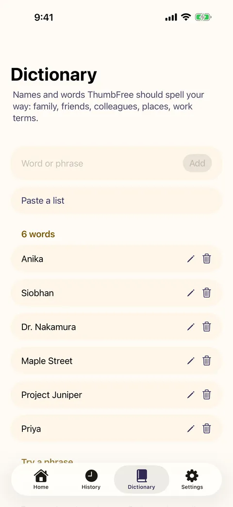 The Dictionary tab with names such as Anika, Siobhan and Dr. Nakamura