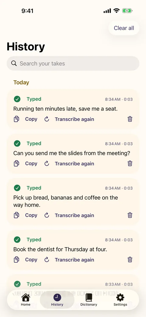 The History tab: each take with its text, marked Typed, with Copy and Transcribe again